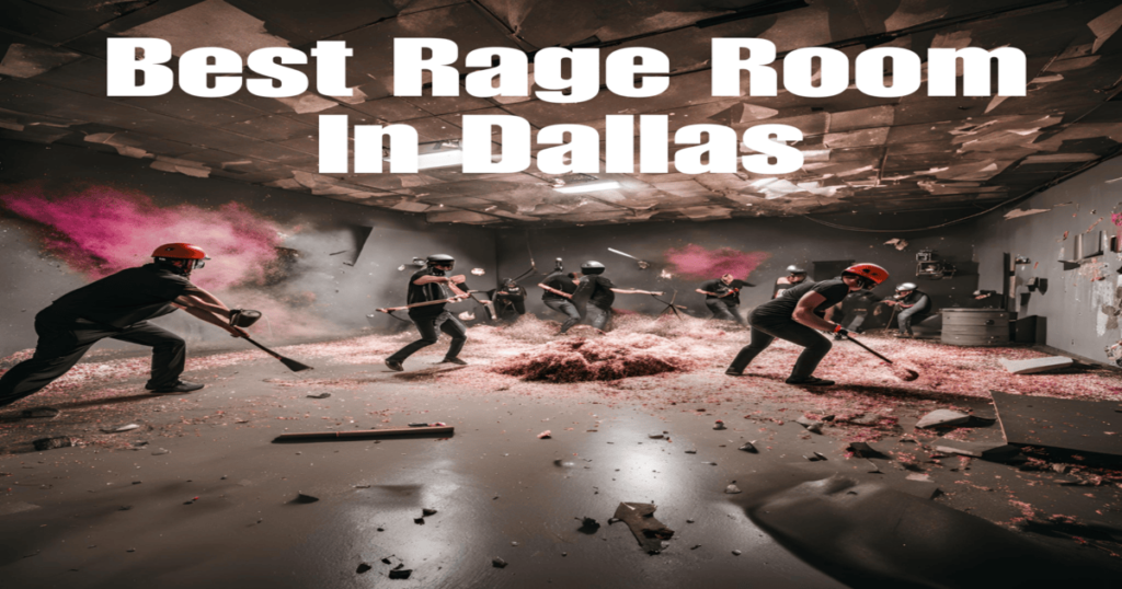 Best Rage Rooms in Dallas for Stress Relief and Fun 2 a group of people in black uniforms with weapons in a room with smoke and text