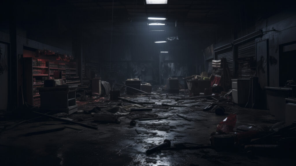 What are Rage Rooms? Stress-Relief Trend 2 a dark room with dirty floor and lots of objects