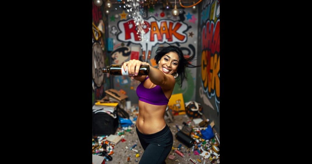 Best Rage Rooms in Chicago 2 a woman holding a bottle in a room with graffiti